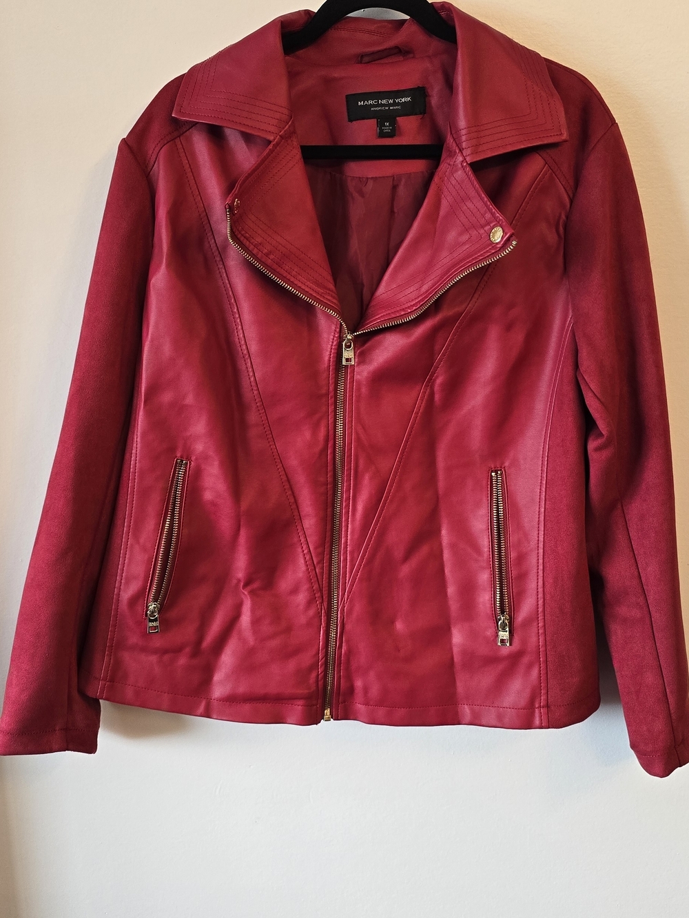 Marc New York Red Leather Moto-Style Jacket with Zip Pockets